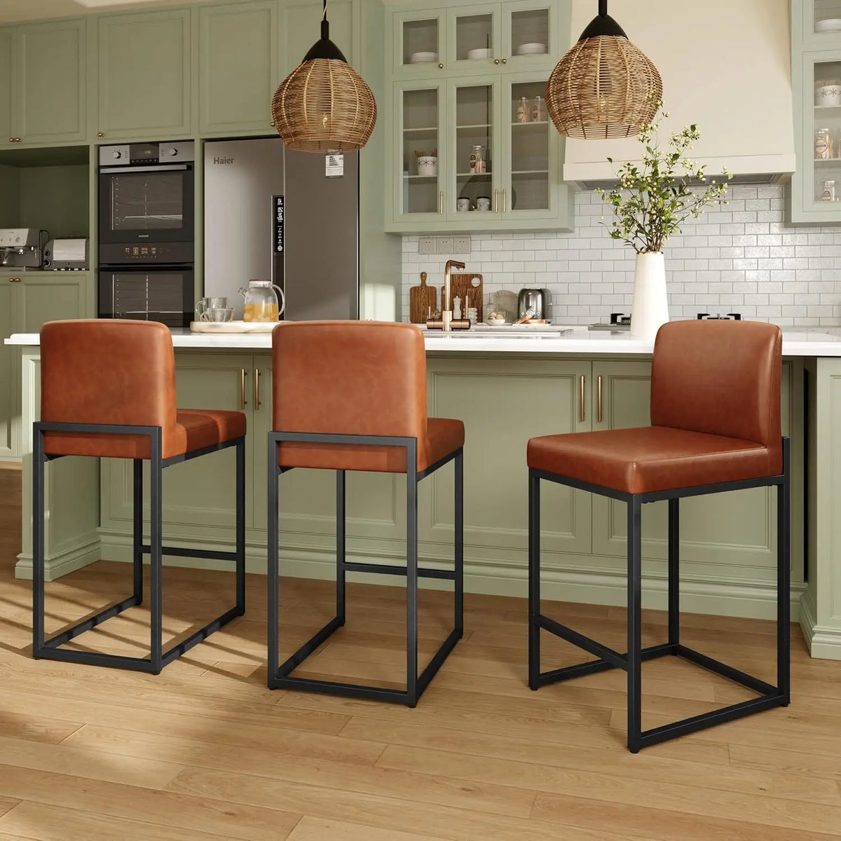 Bar Stool Set Of 3 With Back Faux Leather Upholstery