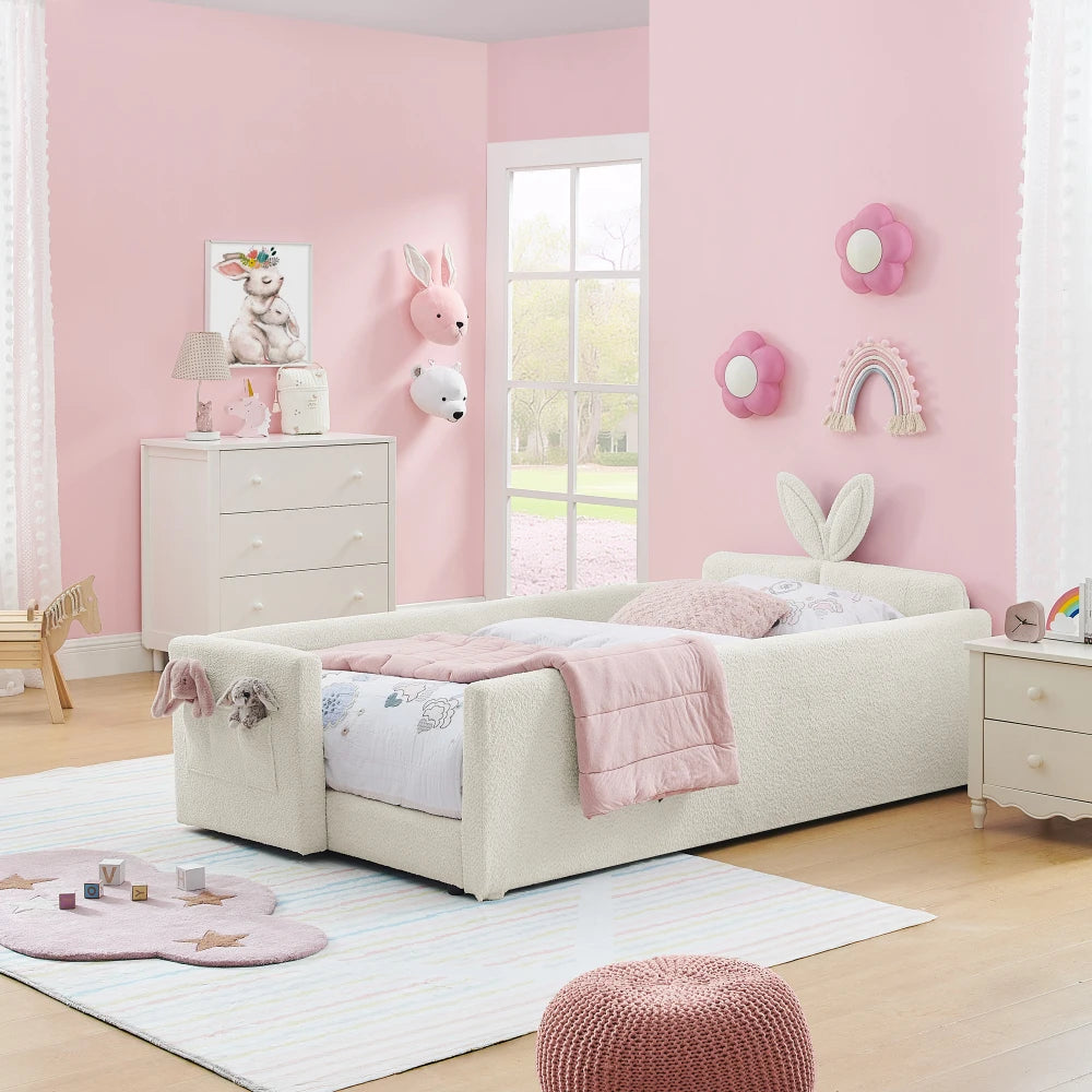 Rabbit Ear Upholstered Platform Bed With Safety Rail And Pocket