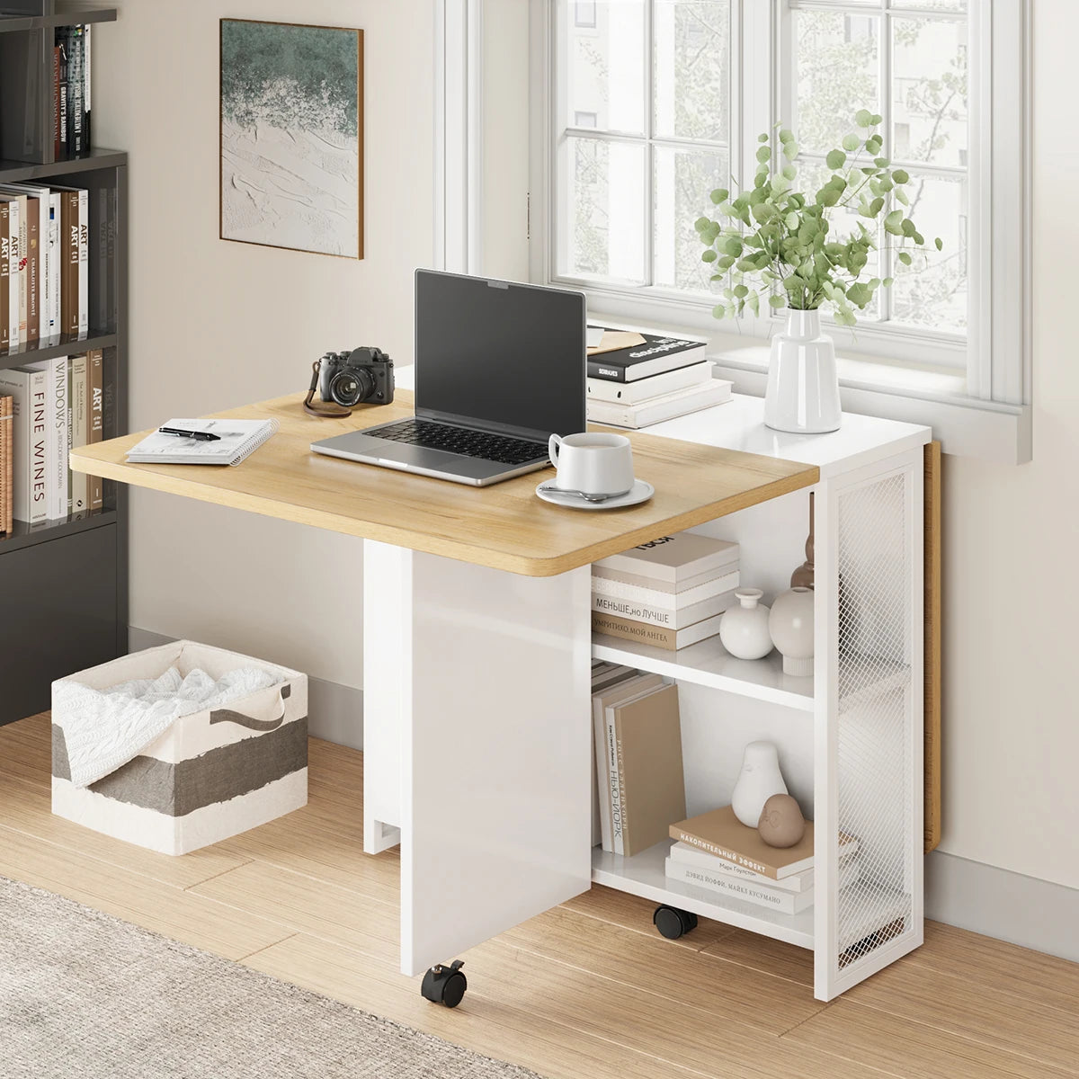 HiMISS Foldable Rolling Computer Desk With Storage Cabinet And Wheels