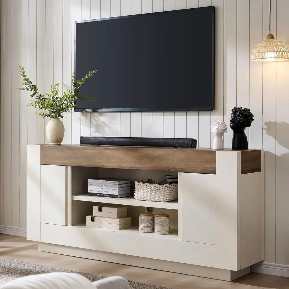 Modern Wood TV Stand With Open Storage And Side Cabinets