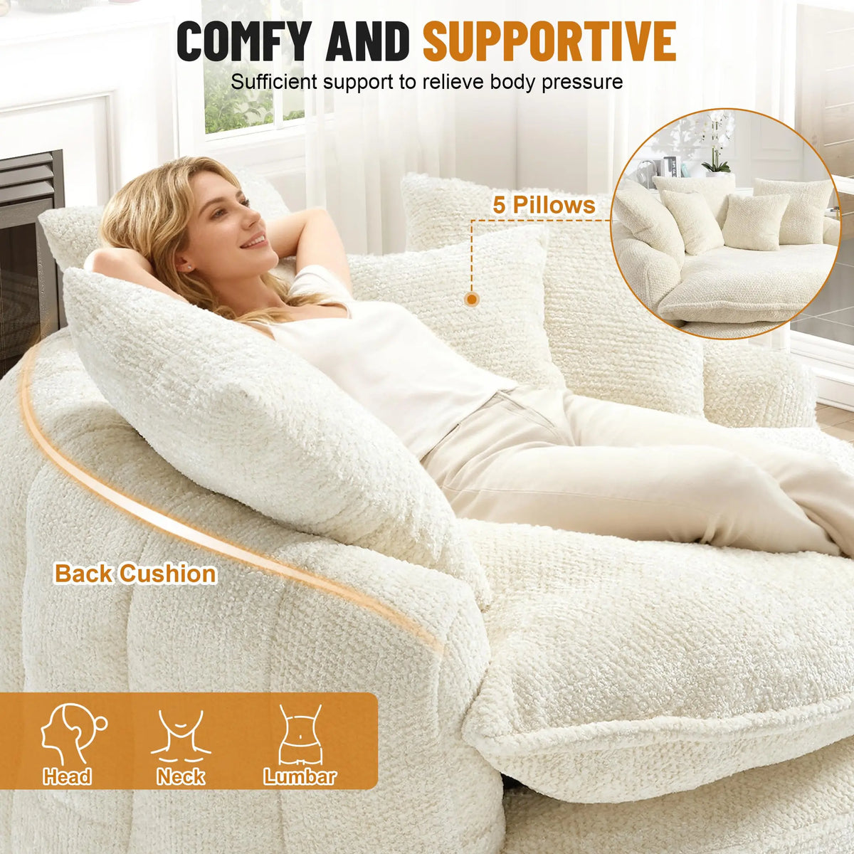 Modern Upholstered Round Chaise Lounge Chair with Matching Pillows