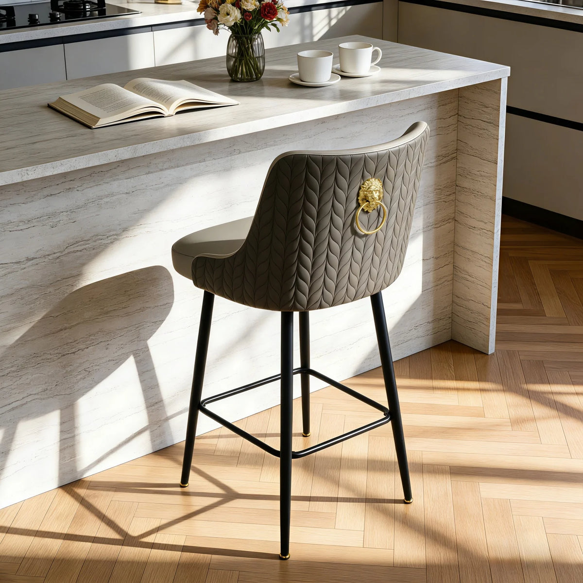 Swivel Bar Stool With Leather Upholstery High Back And Footrest