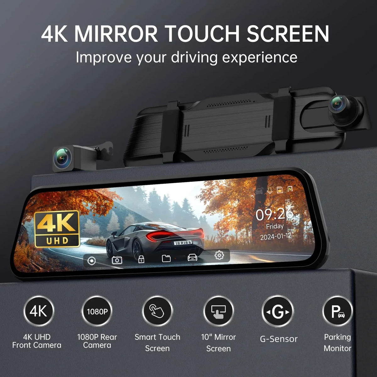 4K UHD Dual Dash Cam Front and Rear - 10" Touch Screen Mirror Camera with Night Vision, G-Sensor | 32GB SD Card Included (Gift)