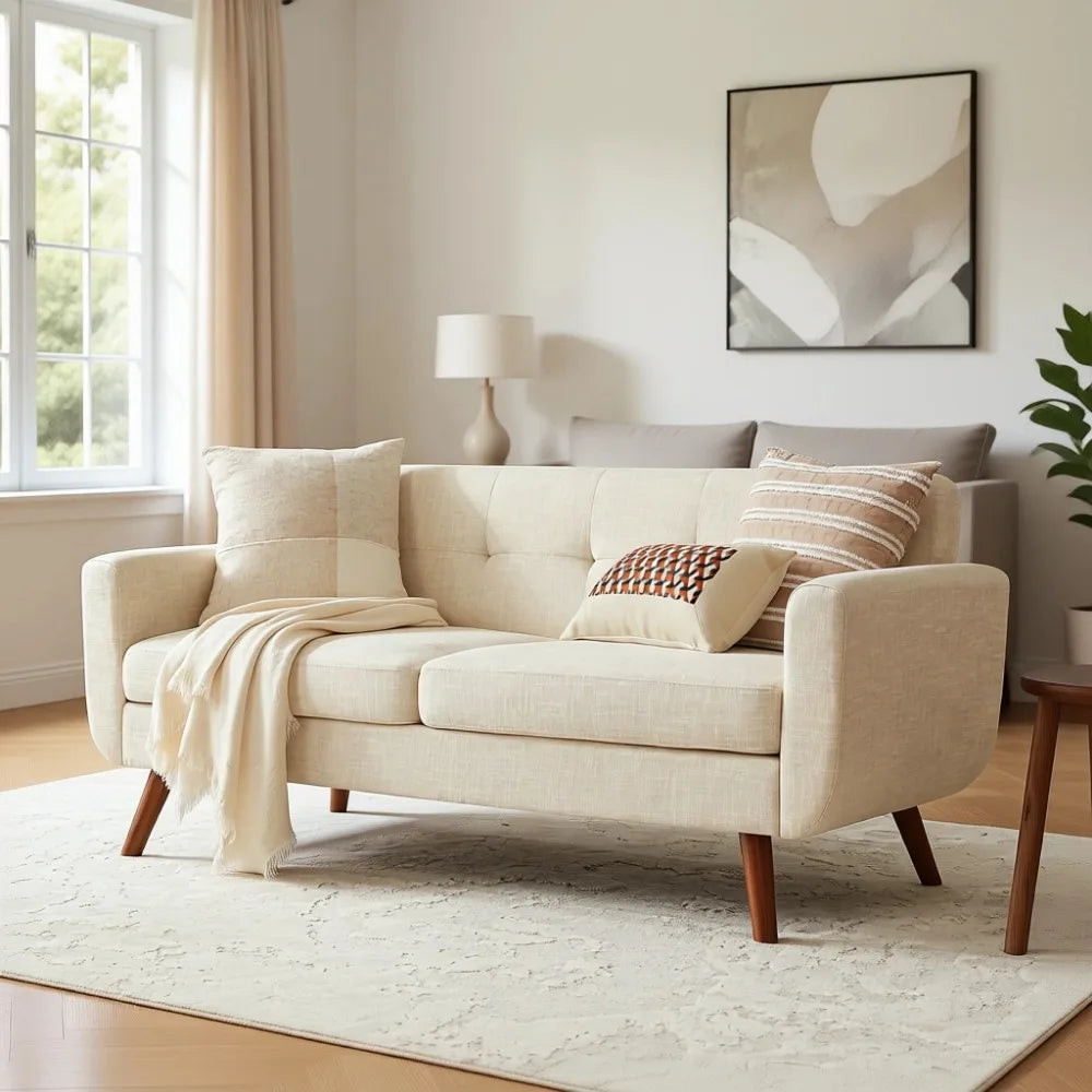 Mid Century Modern Loveseat Sofa for Living Room, Bedroom, Beige Upholstered, Easy Install