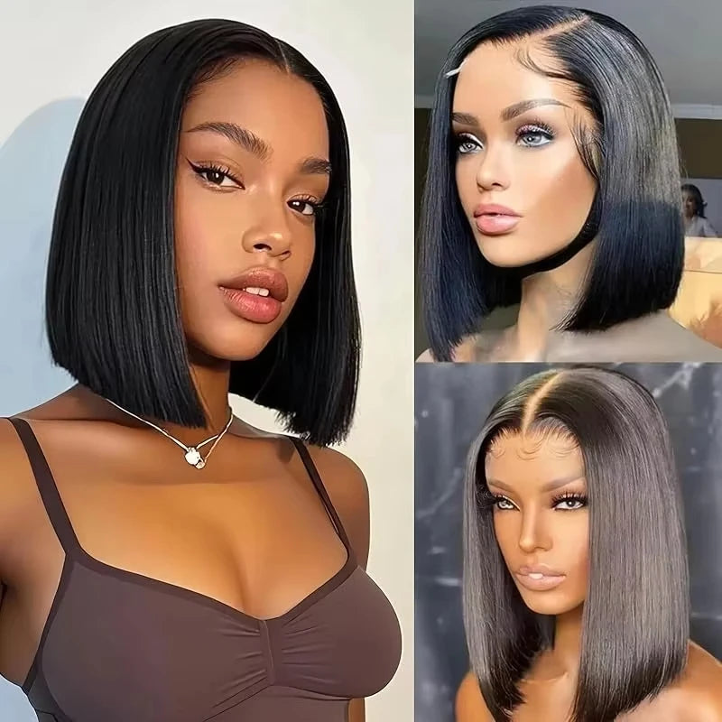 100% Virgin Human Hair Bob Wigs Straight 3x1 T Part HD Lace Closure Wig 1B Natural Black 8 to 16 Inch Glueless Wear and Go