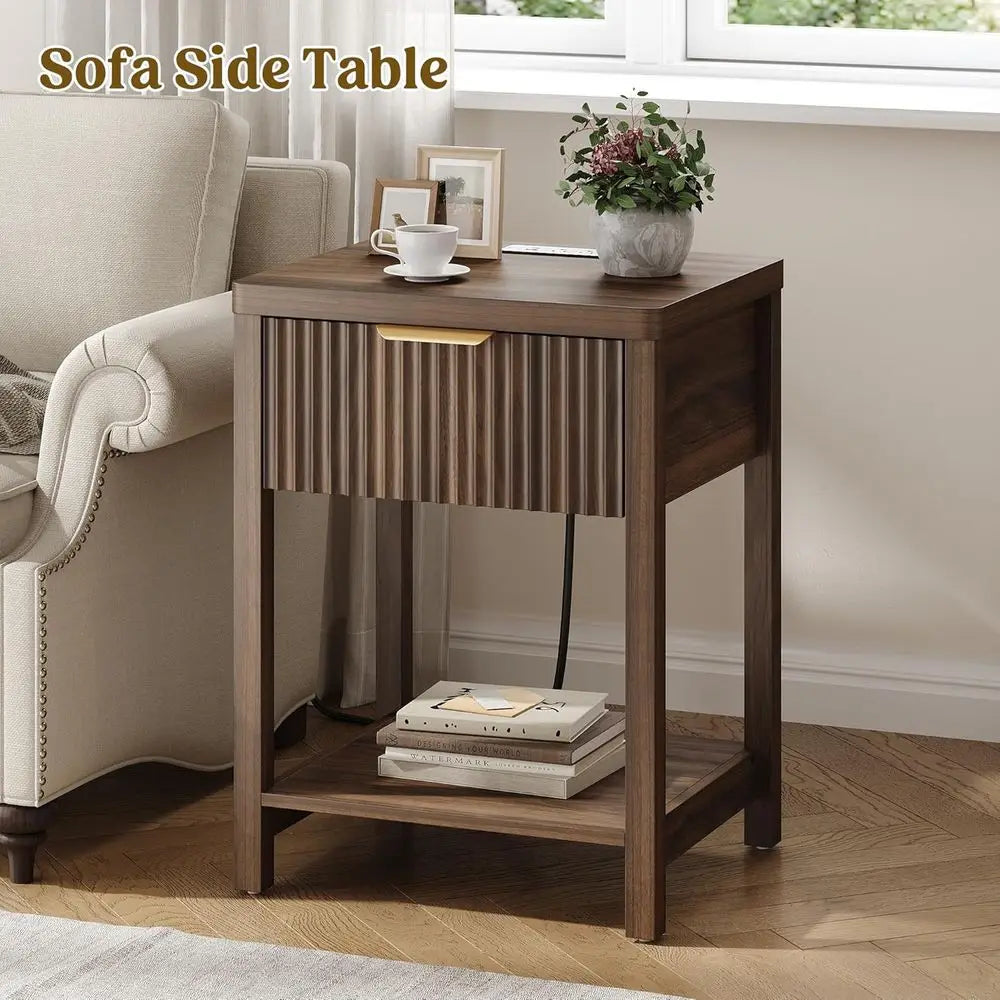 LISM Fluted Wood Nightstand With Charging Station And Storage Drawer