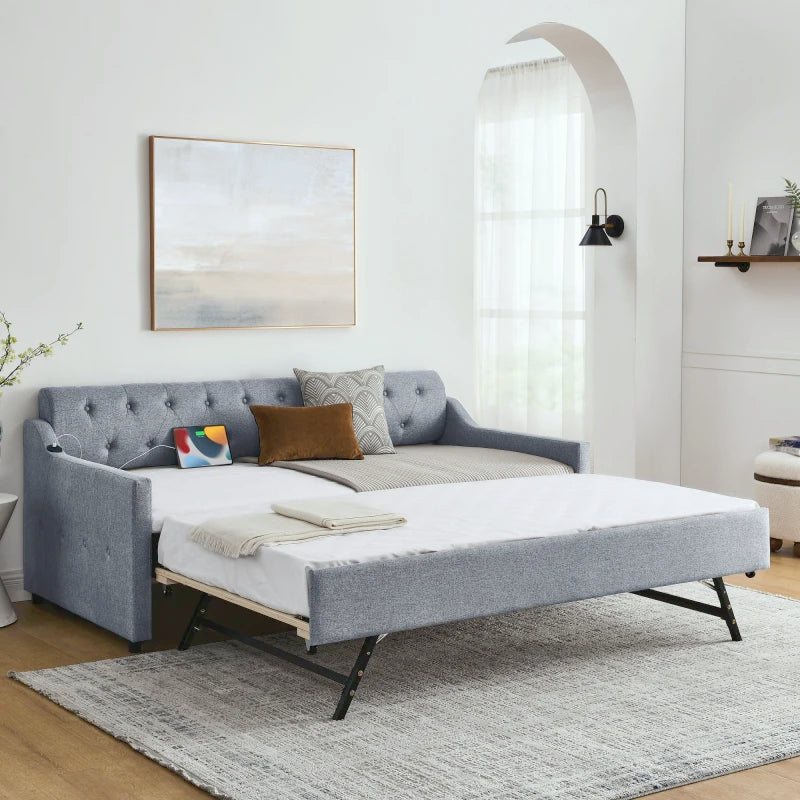 Upholstered Daybed With Pop Up Trundle And USB Charging Station