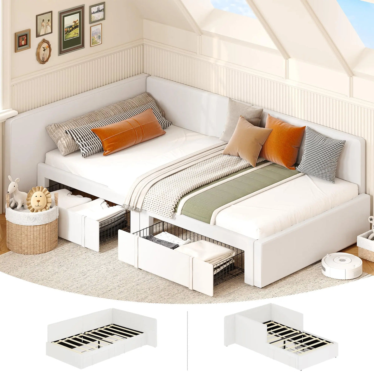 GAOMON Velvet Upholstered Corner Daybed Frame With Storage Drawers