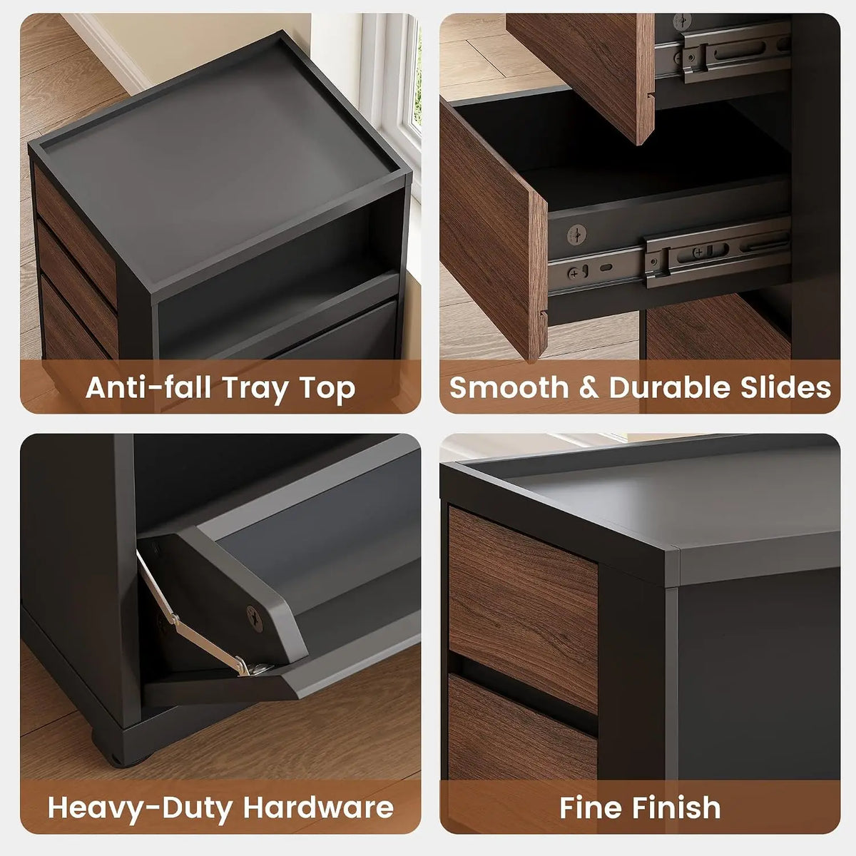 Mobile File Cabinet Under Desk with 3 Drawer, Office Storage Cabinet | Rolling Wood Printer Stand w/ Unique Side Shelf for Binde