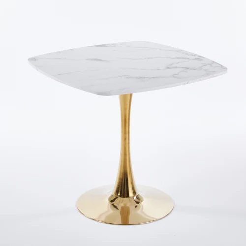 31.5" Square Tulip Dining Table - Modern Mid-Century, White MDF Top & Golden Metal Base for 2-4, Living Room Apartment