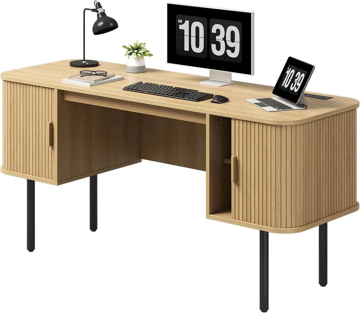ONBRILL Fluted Computer Desk With Storage Cabinets And Power Outlets