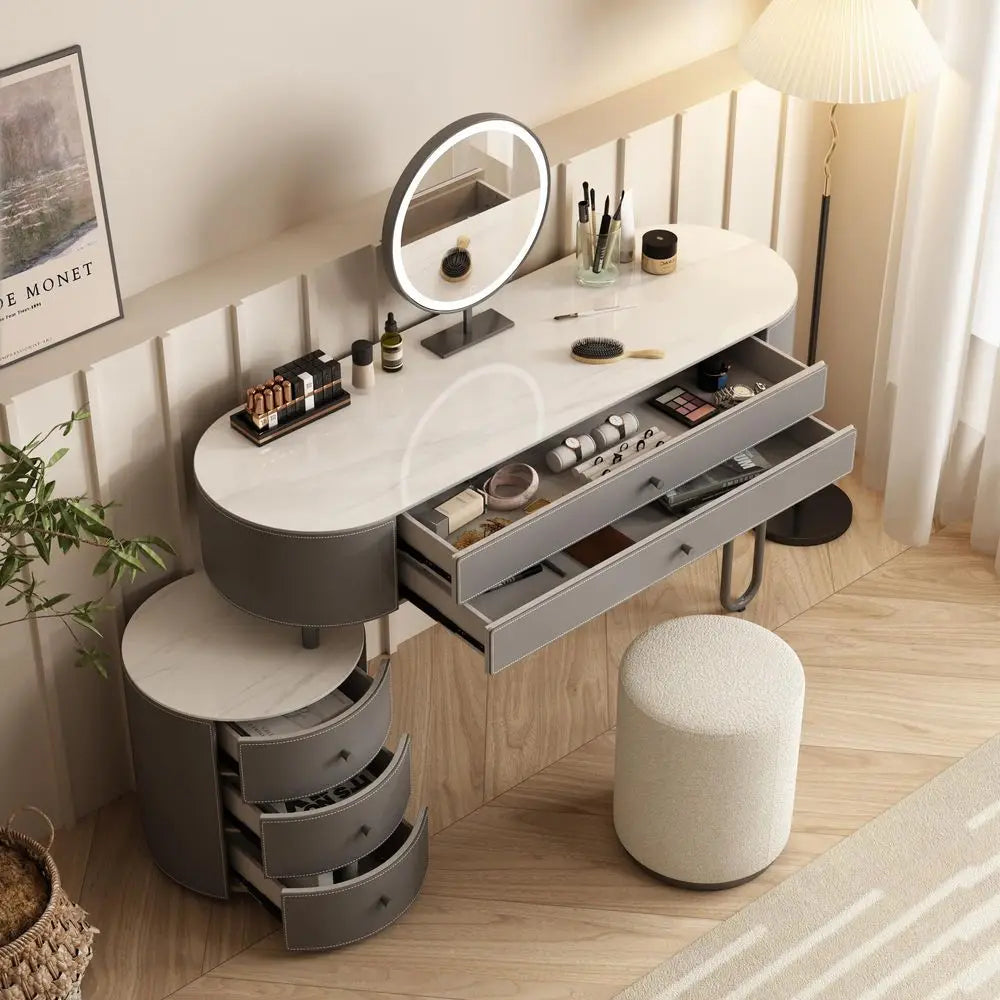 XMSJ Vanity Table And Stool Set With Saddle Leather Finish