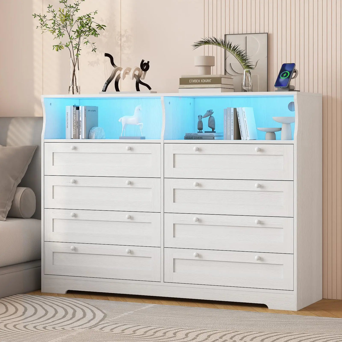 HiMISS Wood Dresser With LED Lights Charging Station And Shelves