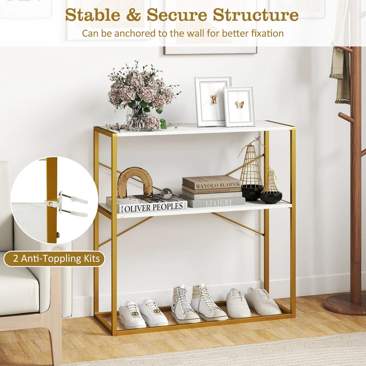36” Console Table with Wooden Textured Open Shelves & Metal Frame for Hallway