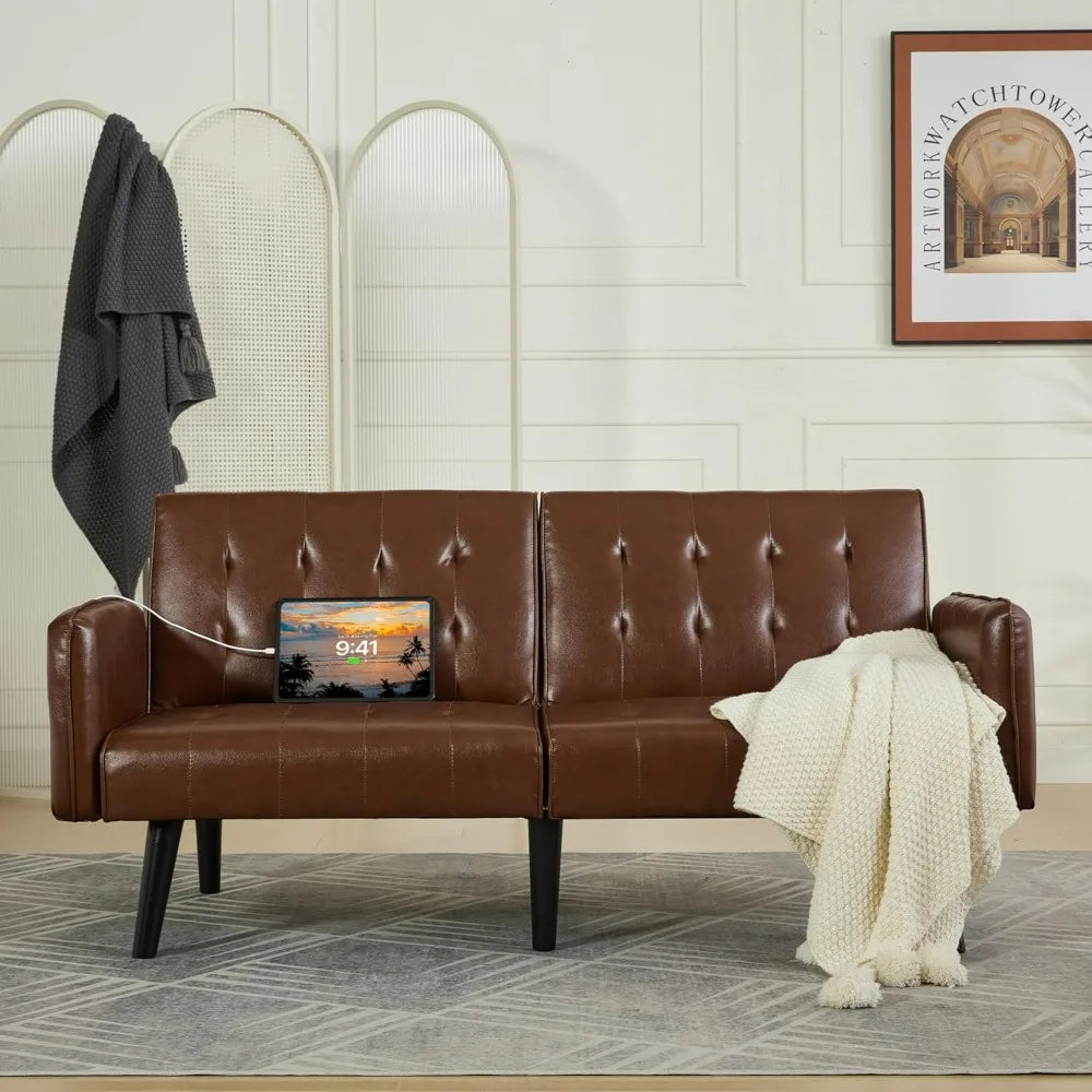 Tyboatle Convertible Faux Leather Futon Sofa Bed With USB Ports