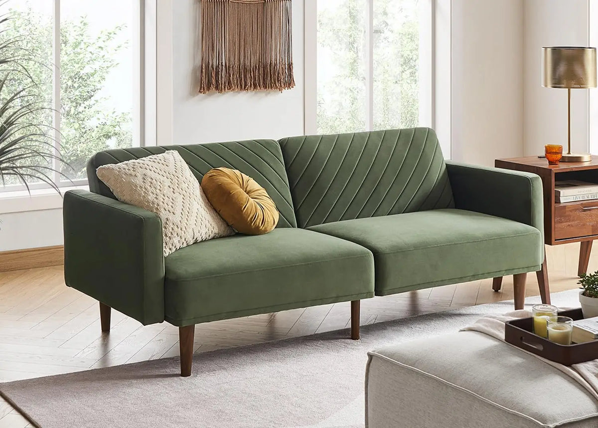 mopio 76.4" Mid Century Futon Sofa Bed PU Leather Loveseat Living Room Pecan Brown