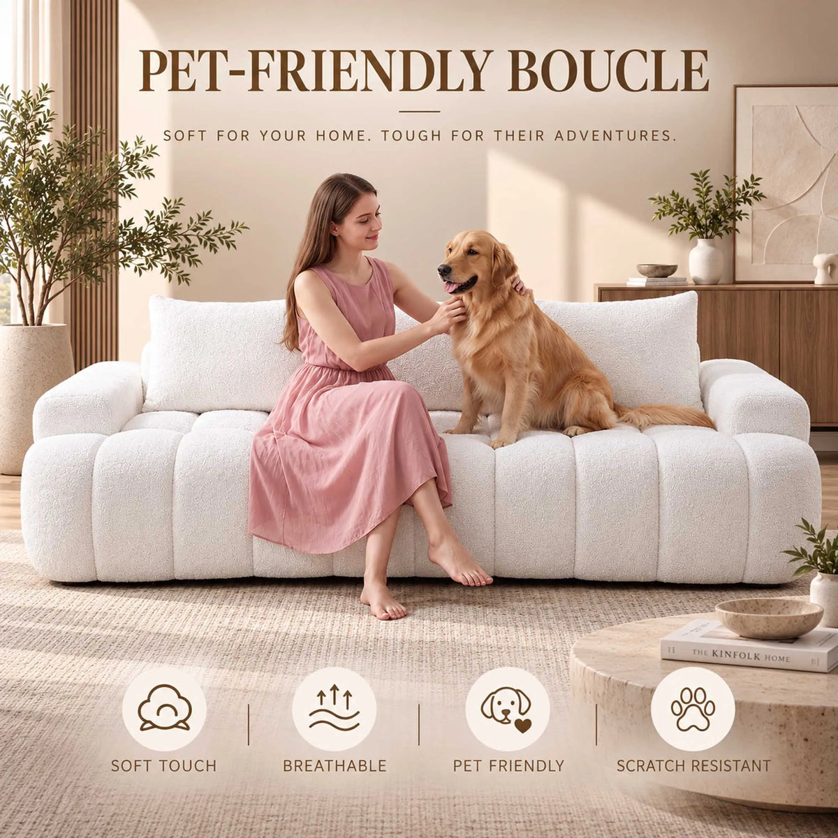 Curved Boucle Sofa Three Seat Cloud Couch With Resilient Foam