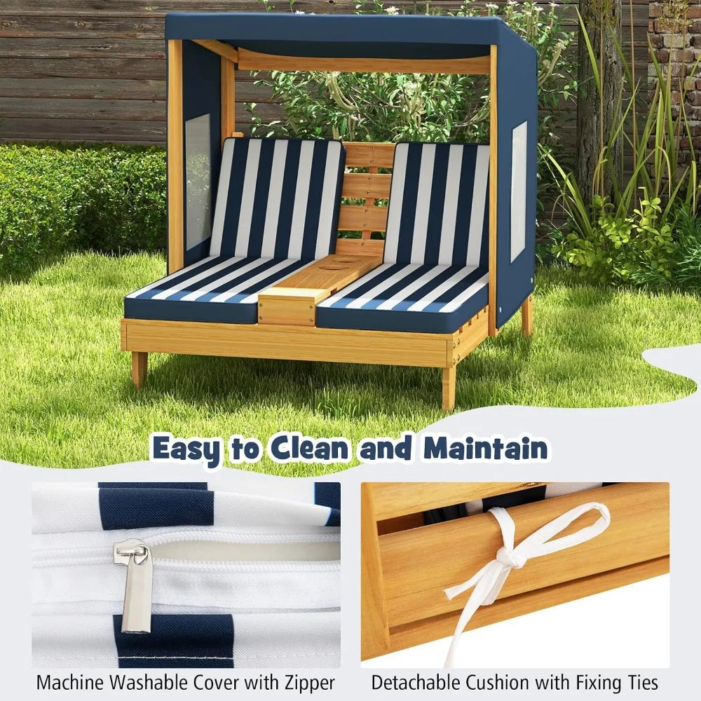 Children's Outdoor Double Pool Lounger Chairs with Canopy and Cushions, Suitable for Patio Backyards