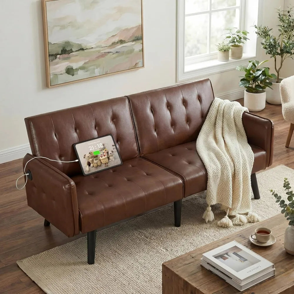Tyboatle Convertible Faux Leather Futon Sofa Bed With USB Ports