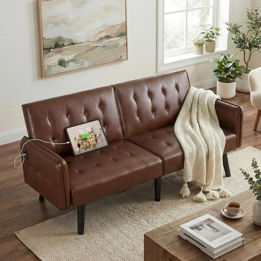 Tyboatle Convertible Faux Leather Futon Sofa Bed With USB Ports