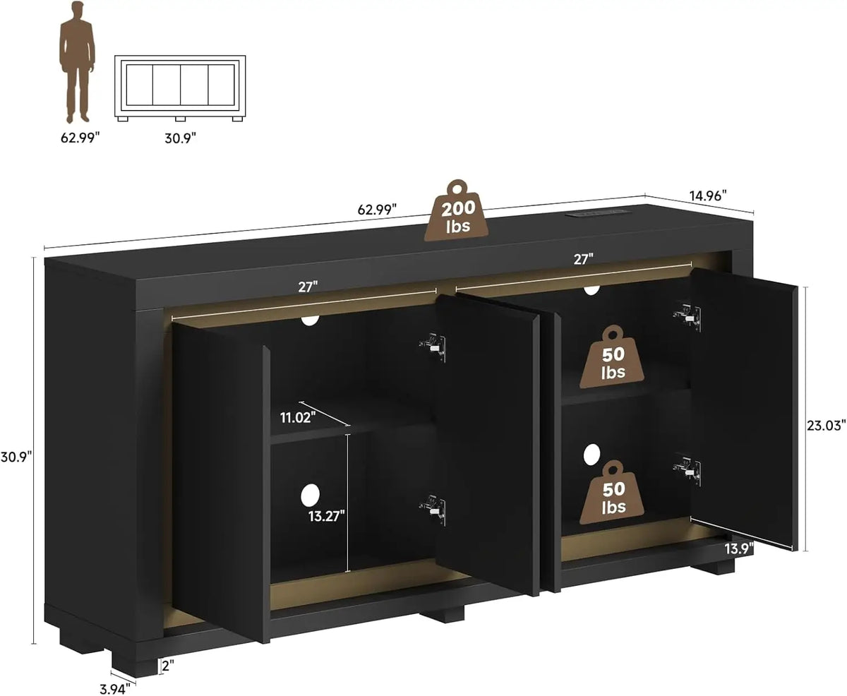 ONBRILL Modern Storage Cabinet With Power Outlets And LED Lighting