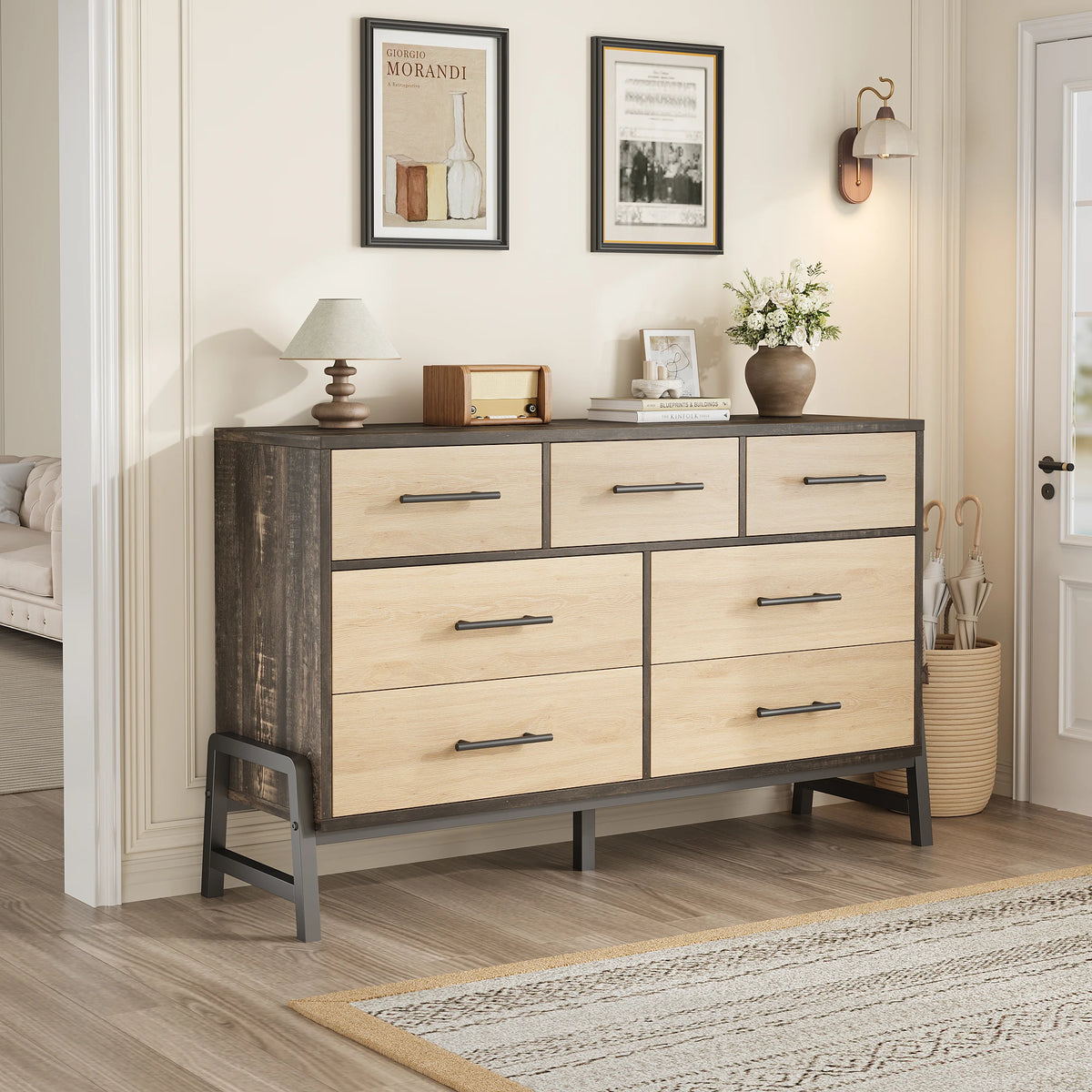 Freestanding Seven Drawer Dresser With Storage And Anti Tip Protection