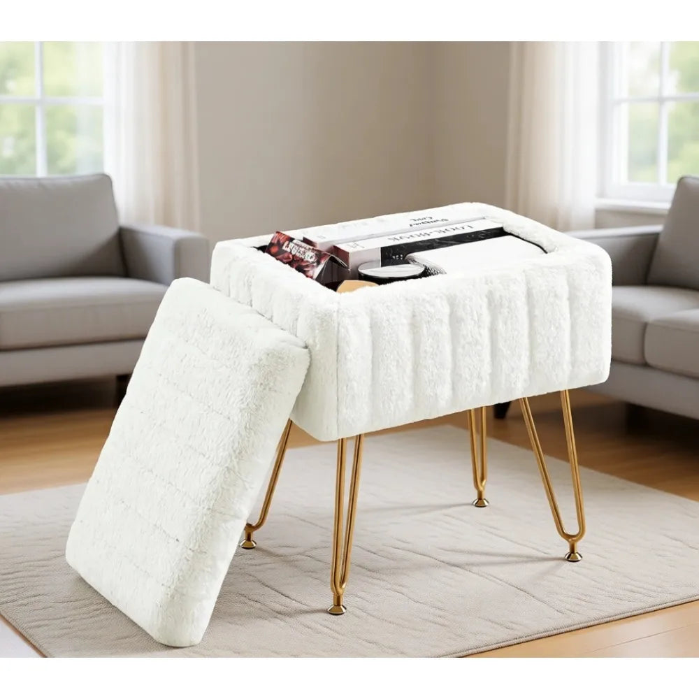 Storage Ottoman Chair With Faux Fur Seat And Metal Legs