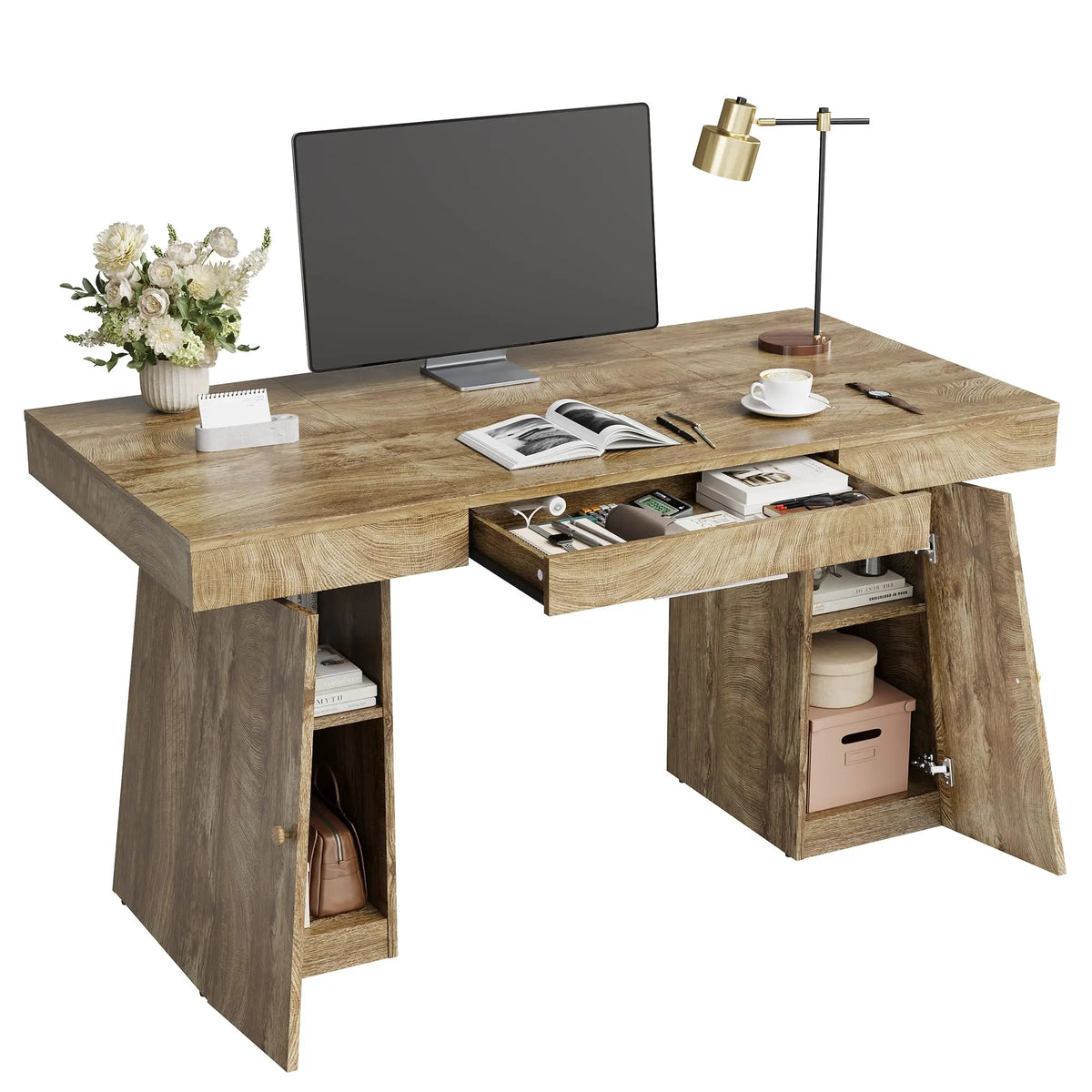 HiMISS Modern Computer Desk With Drawer Cabinet And Storage Shelves