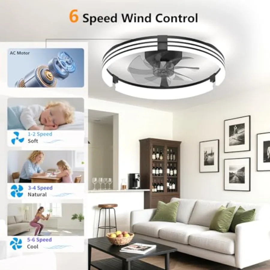 Ceilg Fans with Lights and Remote, 19.7" Low Profile Ceiling Fan, Modern Flush Mount LED Fan Light, 6 Wd Speeds Fandelier Ceilg