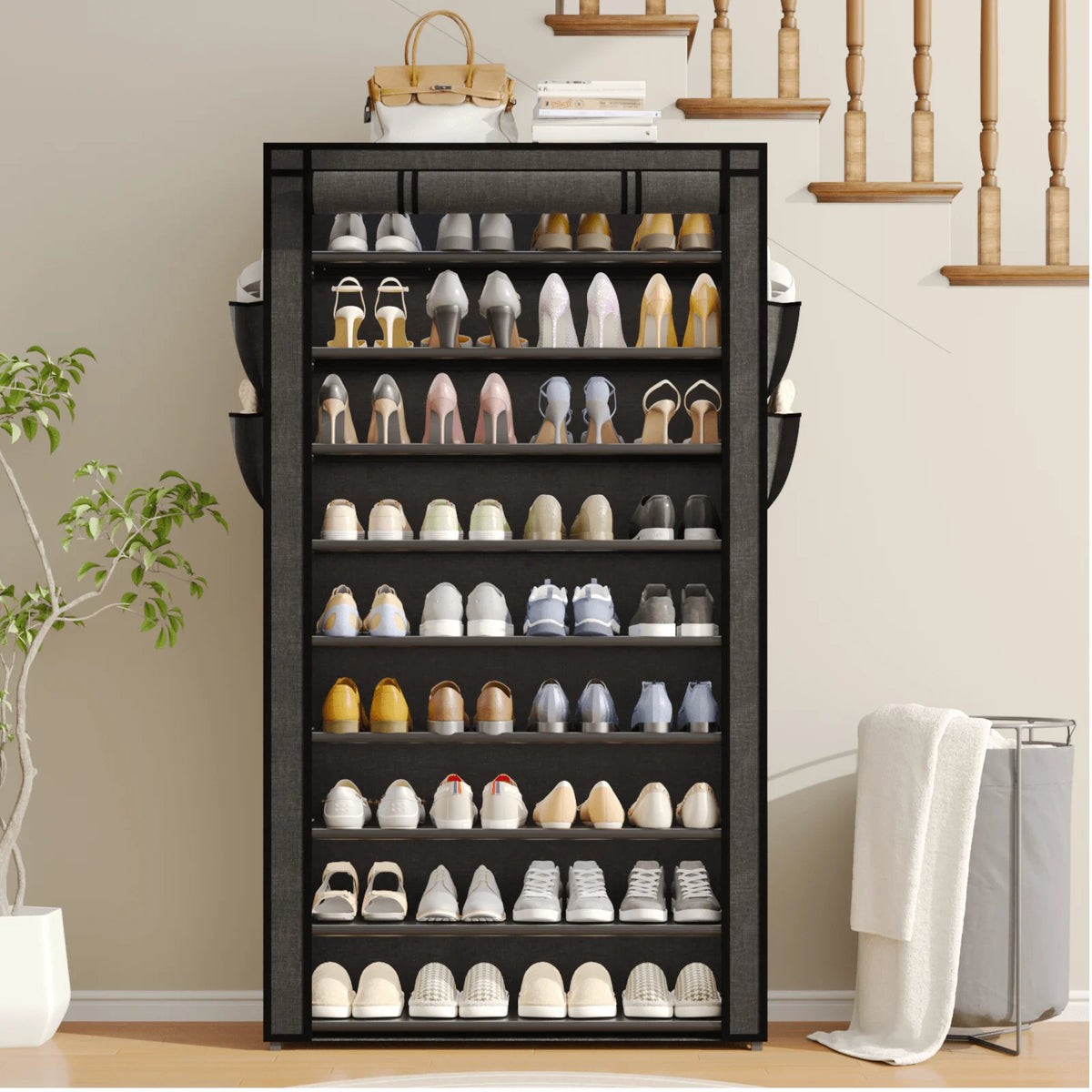 10-Tier Shoe Rack Organizer, 50+ Pairs Tall Dustproof Shoe Storage Cabinet, Multi-Functional Standing Shelf for Entryway Closet Dormitory, Easy Assembly Space Saver Black/Grey