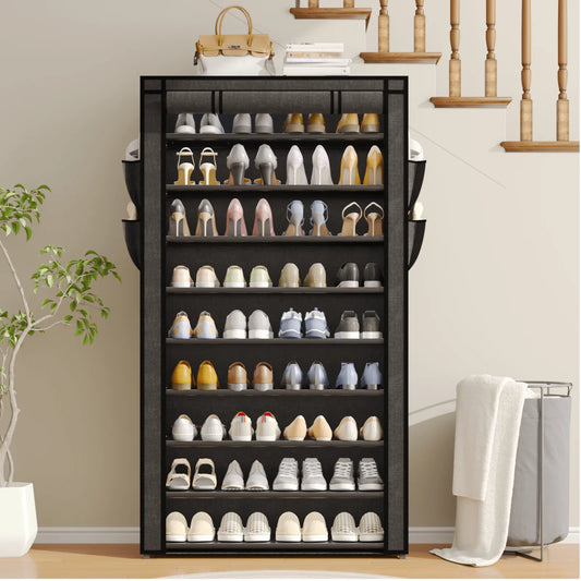 10-Tier Shoe Rack Organizer, 50+ Pairs Tall Dustproof Shoe Storage Cabinet, Multi-Functional Standing Shelf for Entryway Closet Dormitory, Easy Assembly Space Saver Black/Grey