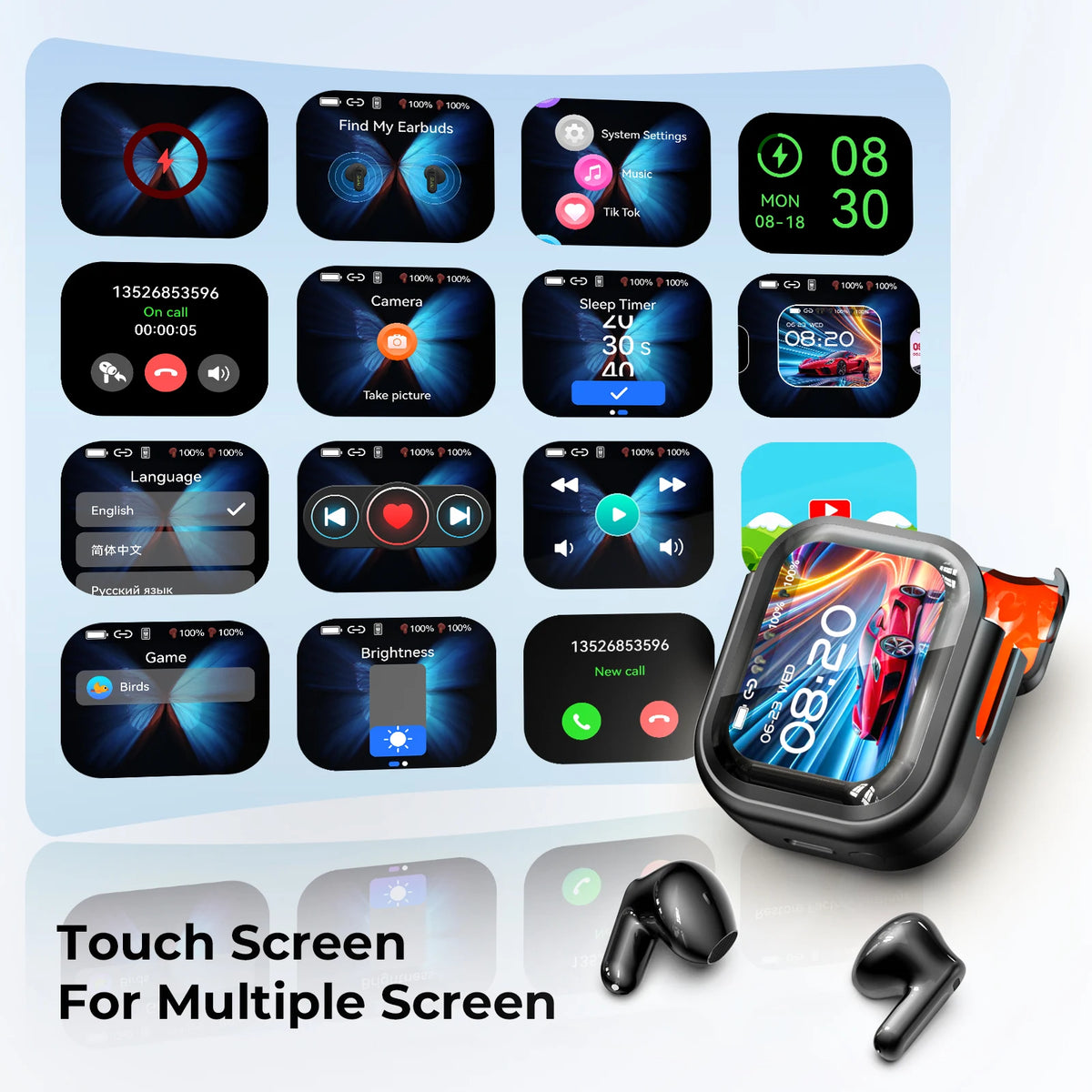 HTC NE20 Wireless Earphones Active Noise Cancelling 32dB ANC Bluetooth Headset HiFi Stereo Bass Sound LED Digital Touch Control Screen Smart Display Music Playback Volume Adjustment Low Latency Gaming Earbuds Waterproof IPX4