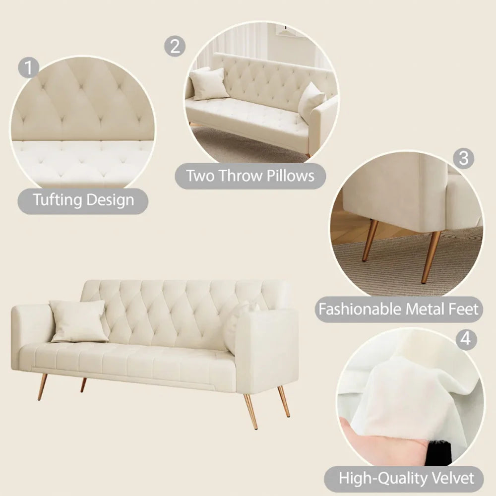 Velvet Convertible Futon Sofa Bed with Adjustable Reclining Backrest