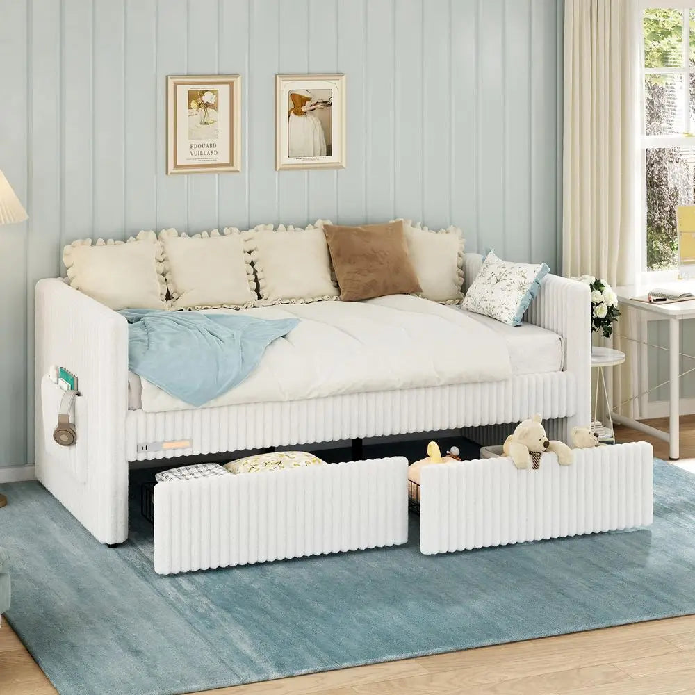 XMSJ Corduroy Upholstered Daybed with Storage Drawers Charging Night Light