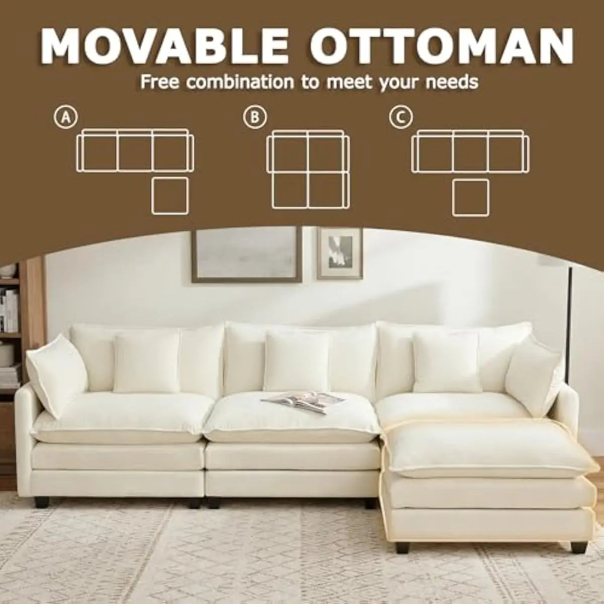 Modern L Shaped Modular Sectional Sofa With Washable Chenille Covers