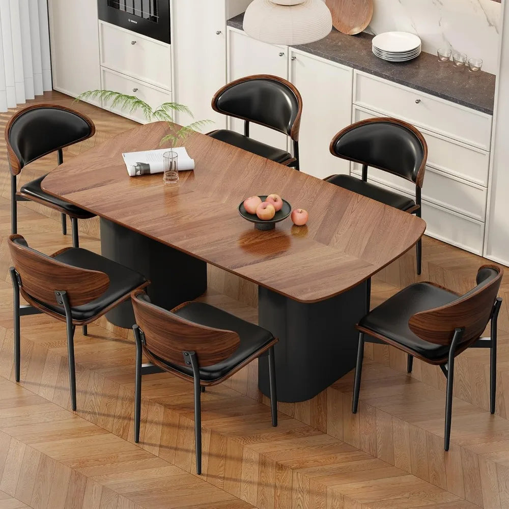Mid-Century Upholstered Dining Chairs, Set of 4, Walnut Bentwood, Metal Legs, Adjustable Feet, Kitchen-Dining Room, Black