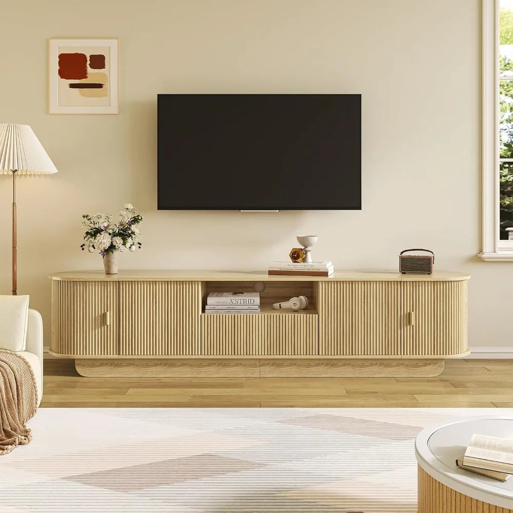 Tambour TV Stand With Large Storage Cabinet And Open Shelves