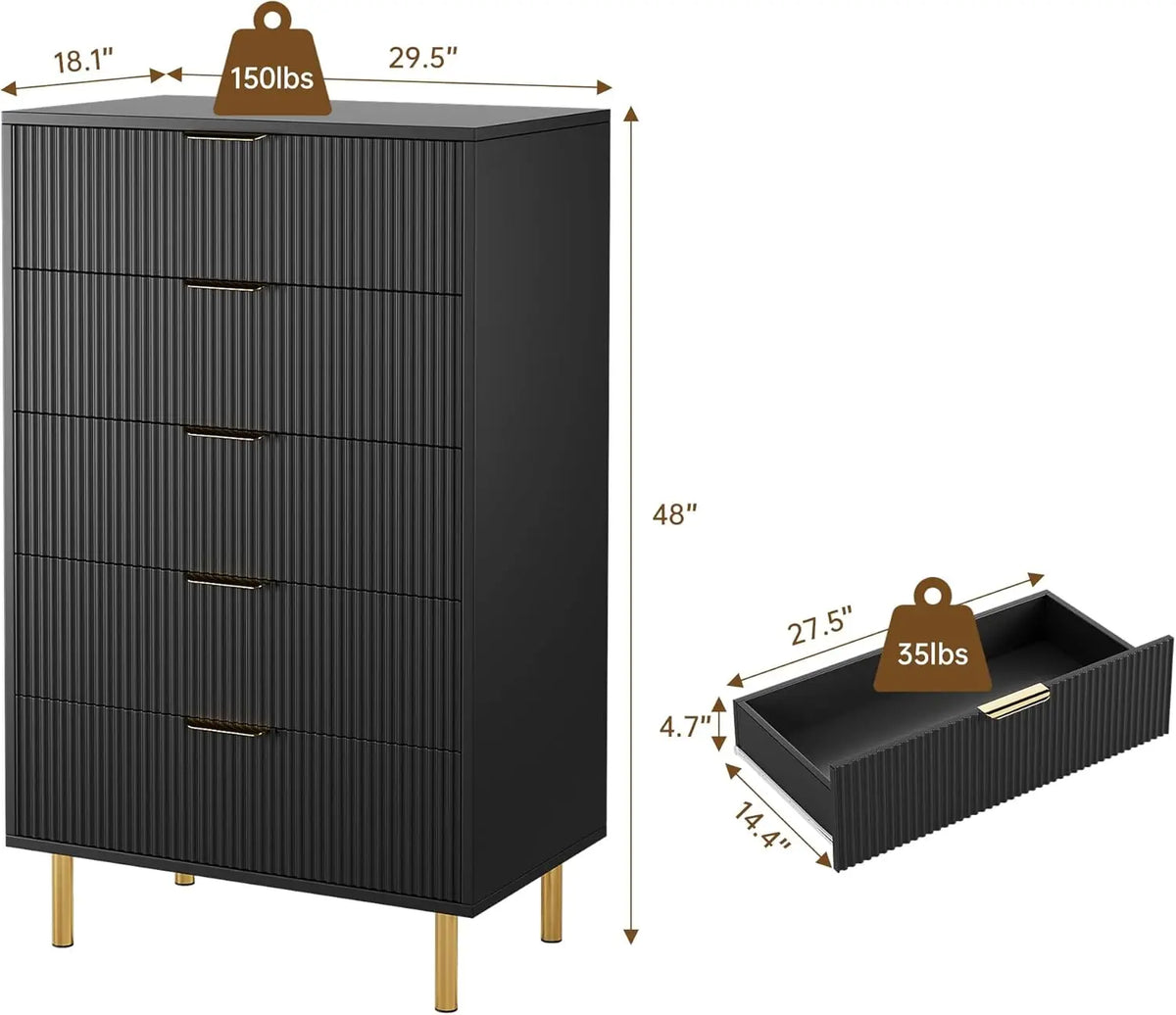 Fluted 5 Drawer Bedroom Dresser 48 Inch Metal Leg Wooden Cabinet | Groove Facade Anti Topple Safe Storage Smooth Drawer Slide Polished Hardware Elevated Base Household Dresser