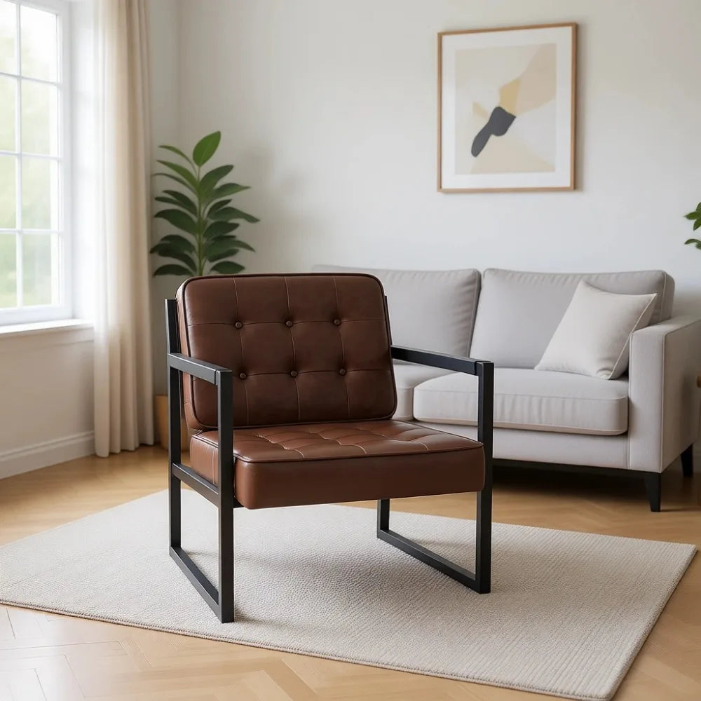 Mid Century Modern Accent Chair, Comfortable Brown Leather, Metal Legs for Various Rooms