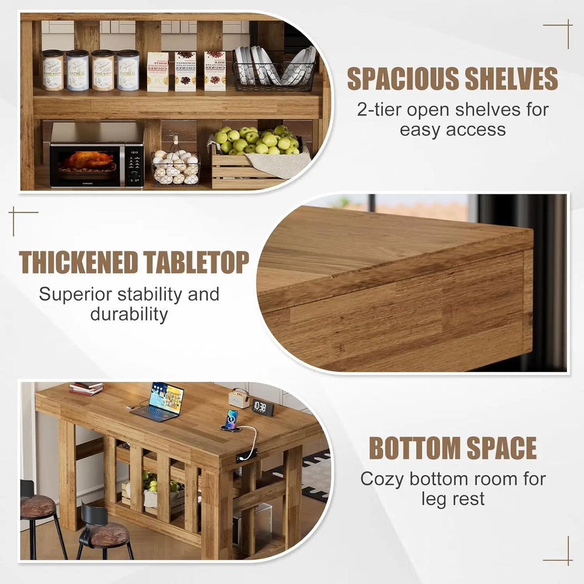 Kitchen Island With Storage And Power Outlets 3-Tier Wood Table