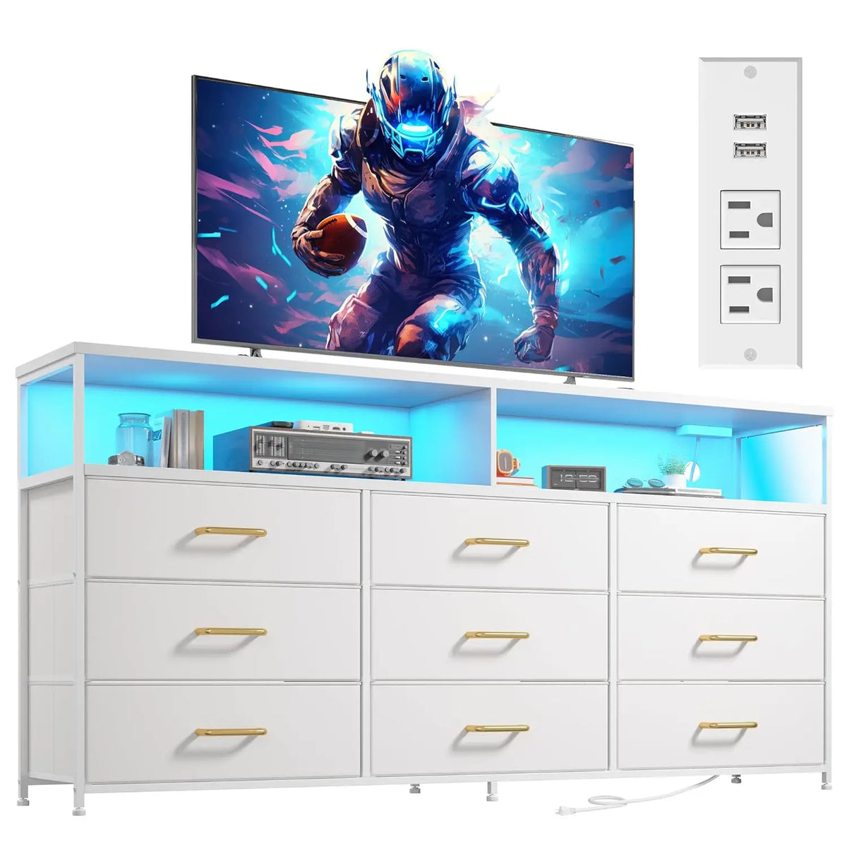 TV Stand Dresser With Charging Station And LED Nine Drawers