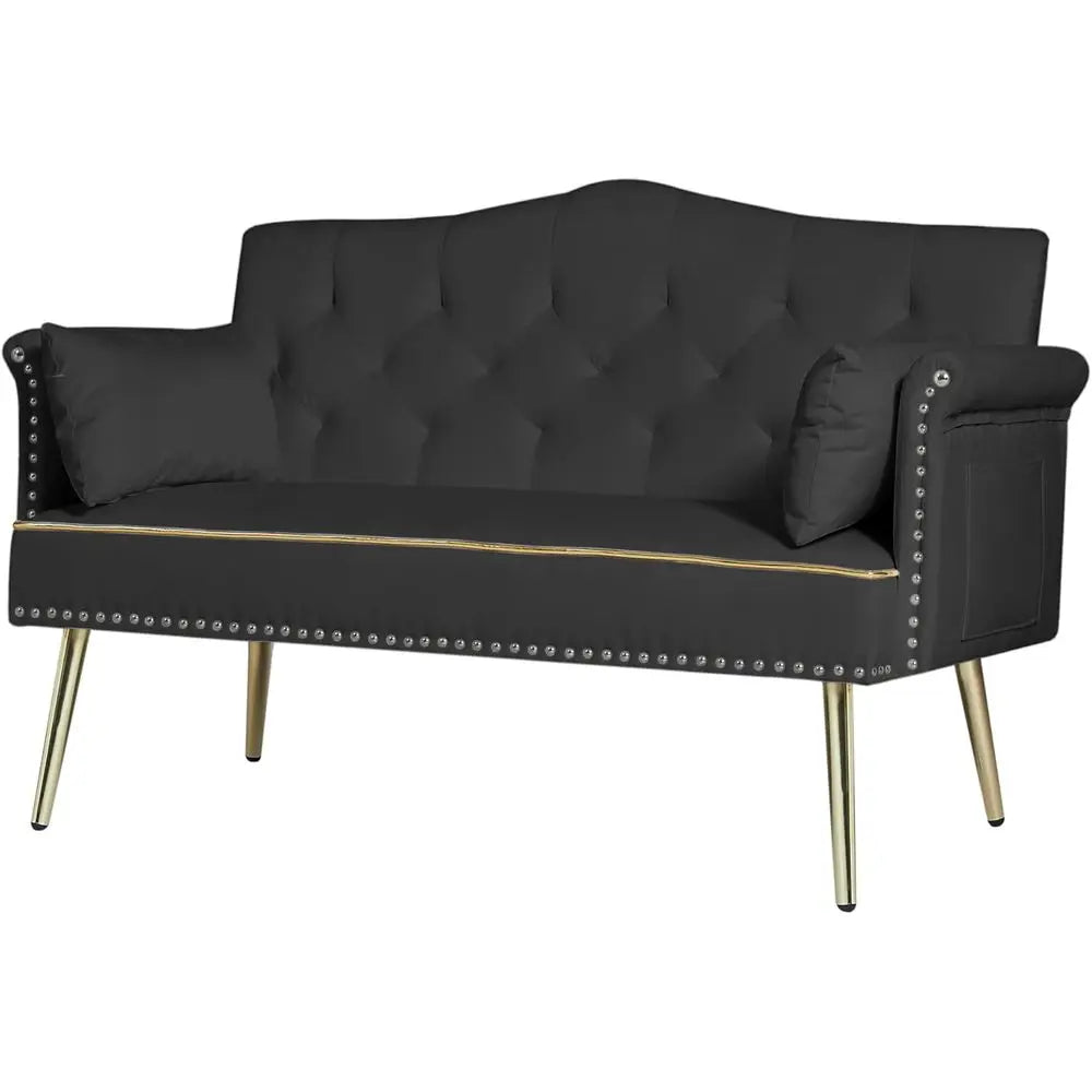 55-Inch ern Velvet Loveseat Soa with Gold Metal Legs & Side kets, Tuted Backrest, Perect or Living Room, Bedroom, or Oice (Black