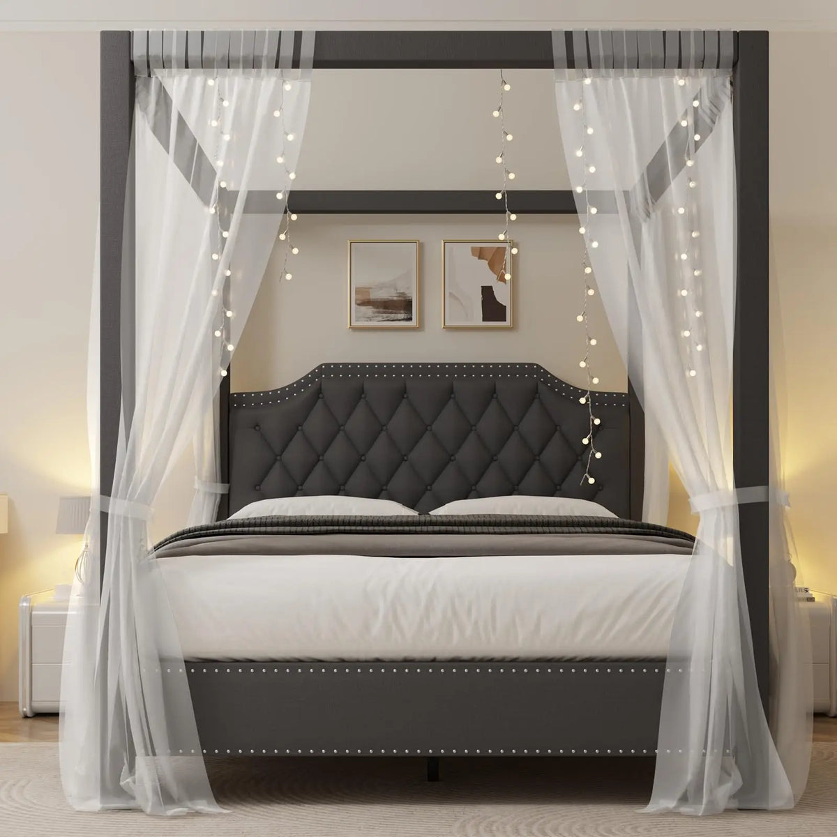GAOMON Upholstered Four Poster Canopy Platform Bed With Tufted Headboard