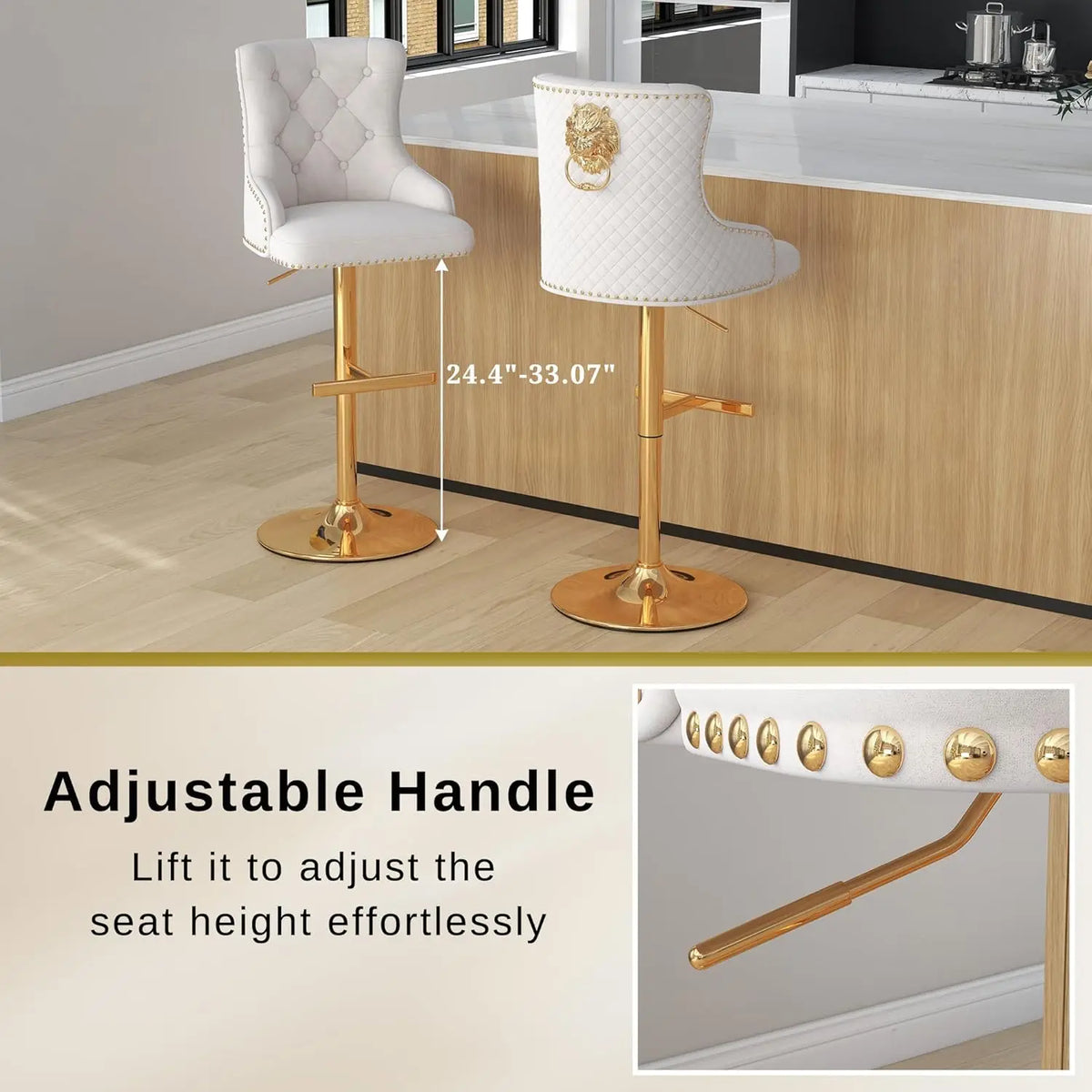 Velvet Bar Stool Set 2 Swivel Counter Height Adjustable Nailhead Gold Metal Base Kitchen Dining, Custom