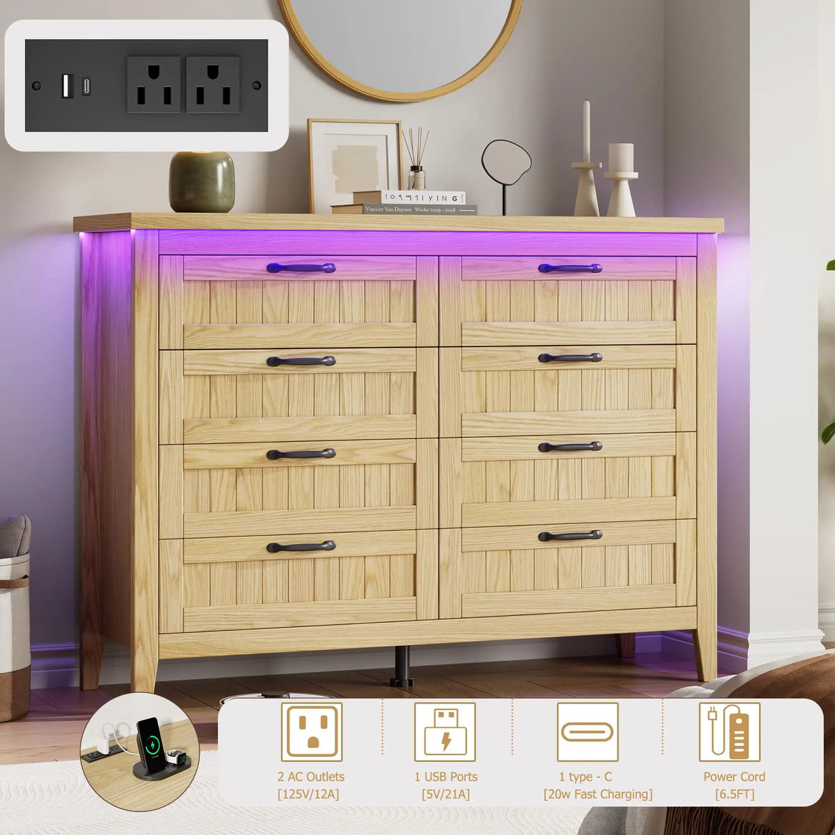 GarveeLife Modern Wooden Dresser With LED Lights And Power Outlet