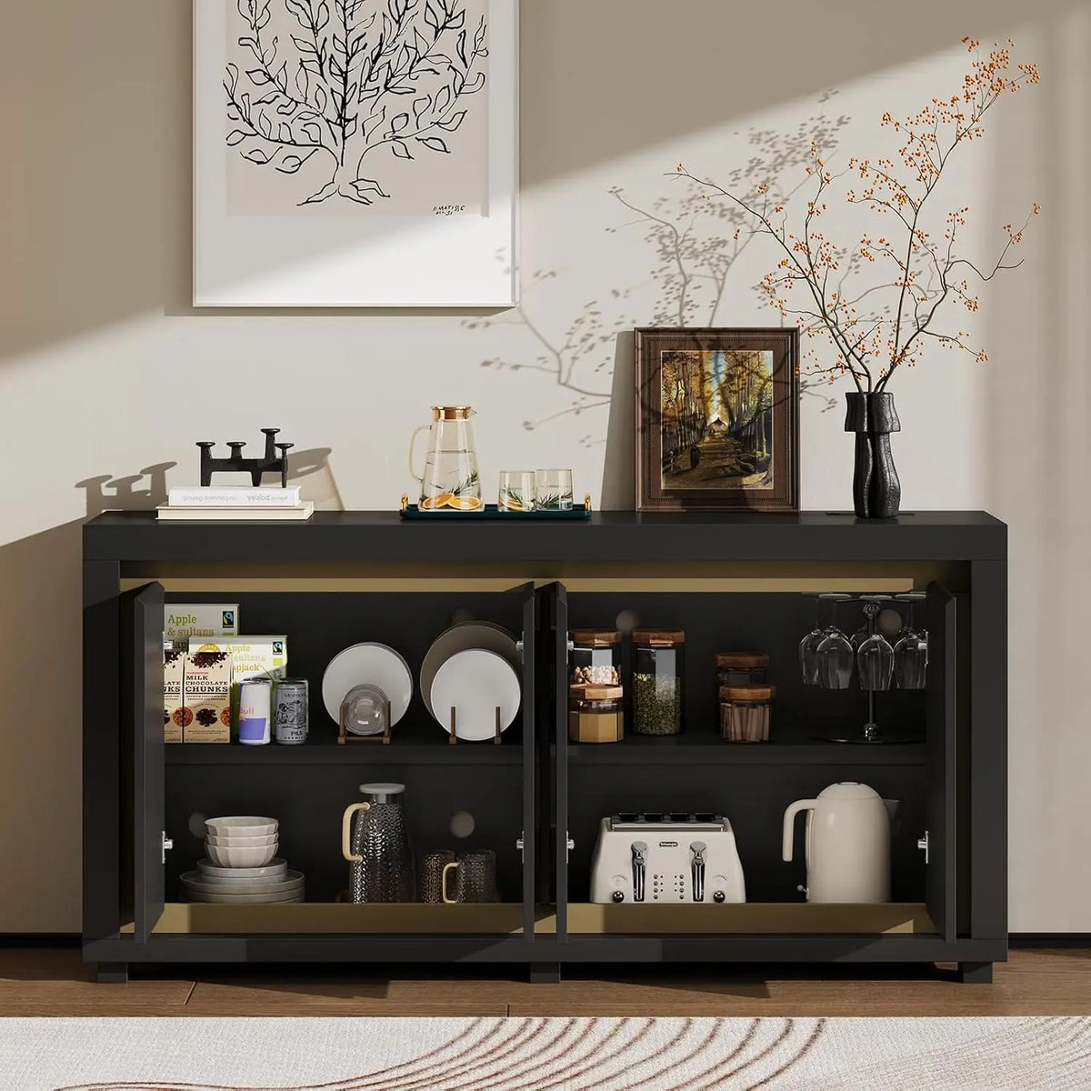 ONBRILL Modern Storage Cabinet With Power Outlets And LED Lighting