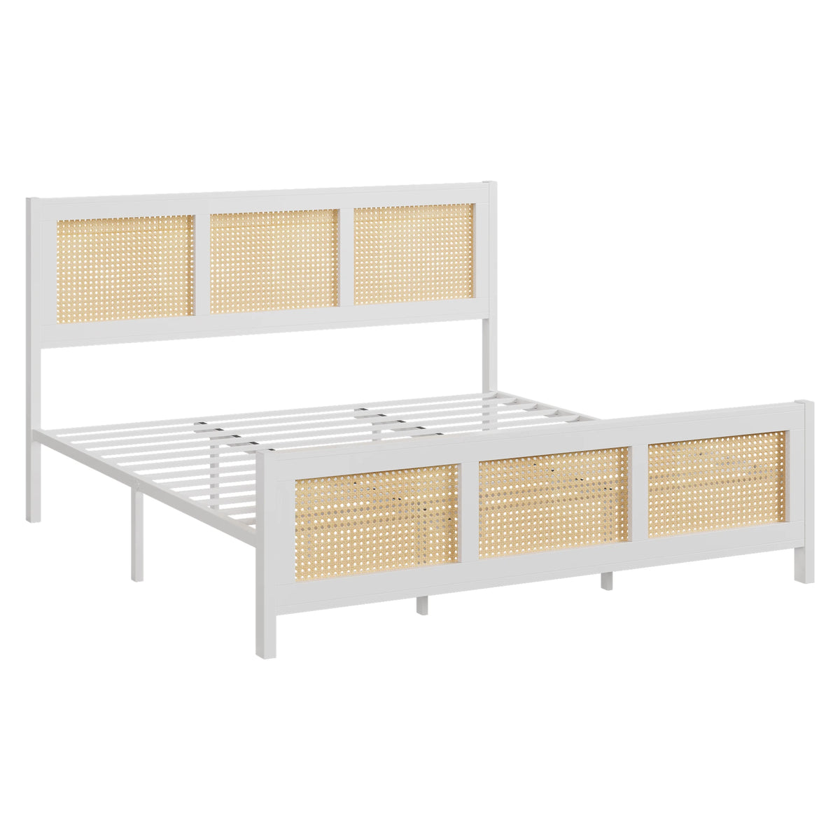 Modern Boho Bed Frame With Rattan Headboard And Storage