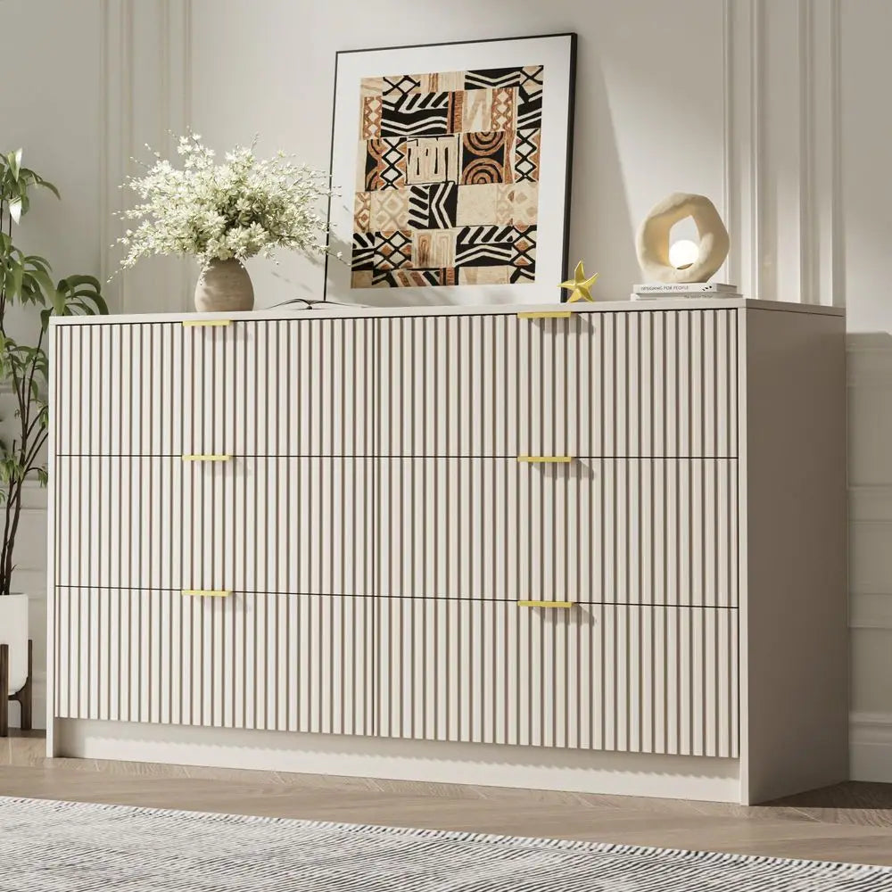 XMSJ Modern Fluted Six Drawer Dresser For Bedroom Storage