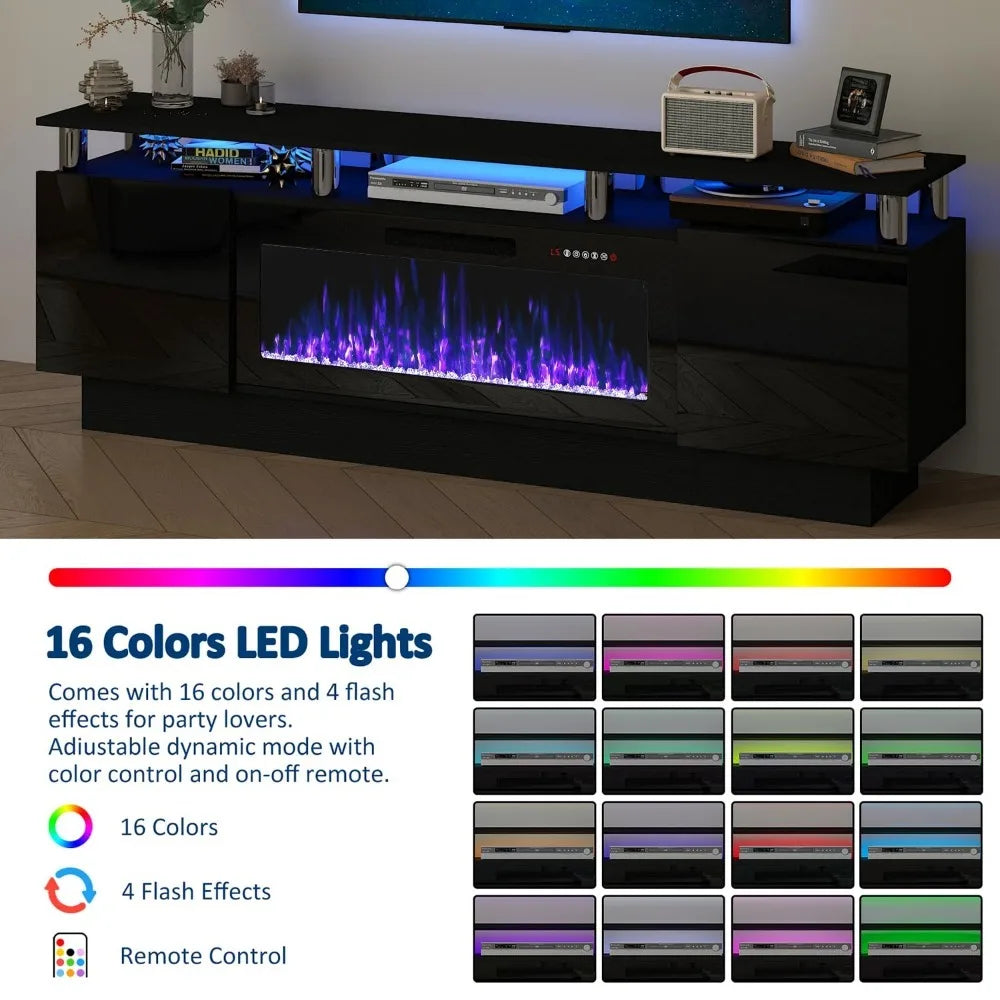 Modern Wood Electric Fireplace TV Stand Entertainment Center LED Lighting