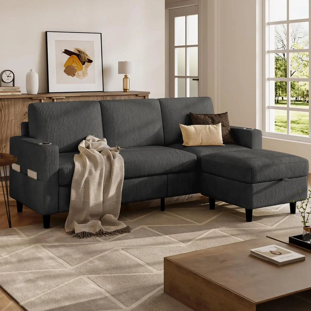 Convertible Sectional Sofa With Storage Ottoman And Cup Holders